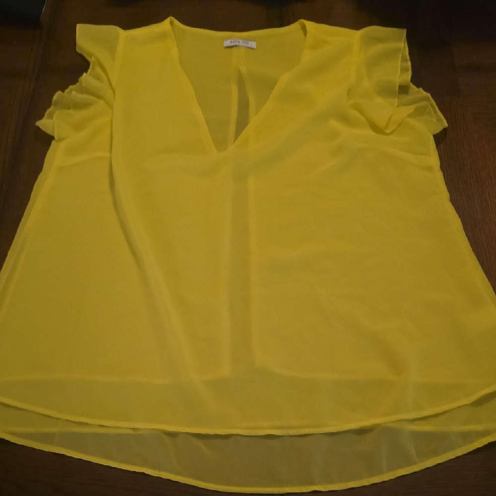 Vibrant Yellow V-Neck Blouse with Ruffle Sleeves